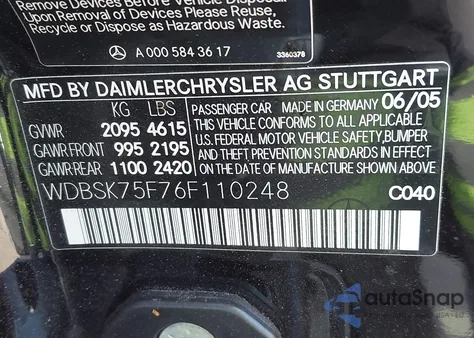 2006 Mercedes-Benz Sl 500 z USA, uszkodzony, nr VIN WDBSK75F76F110248